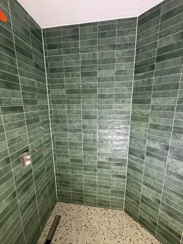 Salle de bains rénovée avec douche carrelée dans un appartement